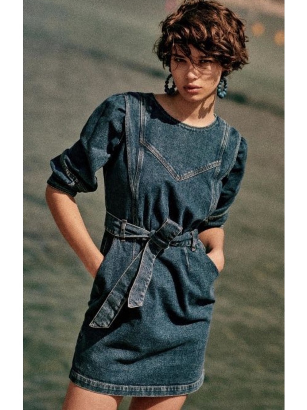 SEZANE Blue Denim Tie Waist Belted Puff Sleeve Button Back Haneia Mini Dress - Picture 15 of 15